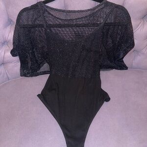 Intimately Free People black spaghetti strap bodysuit with navy/silver overlay